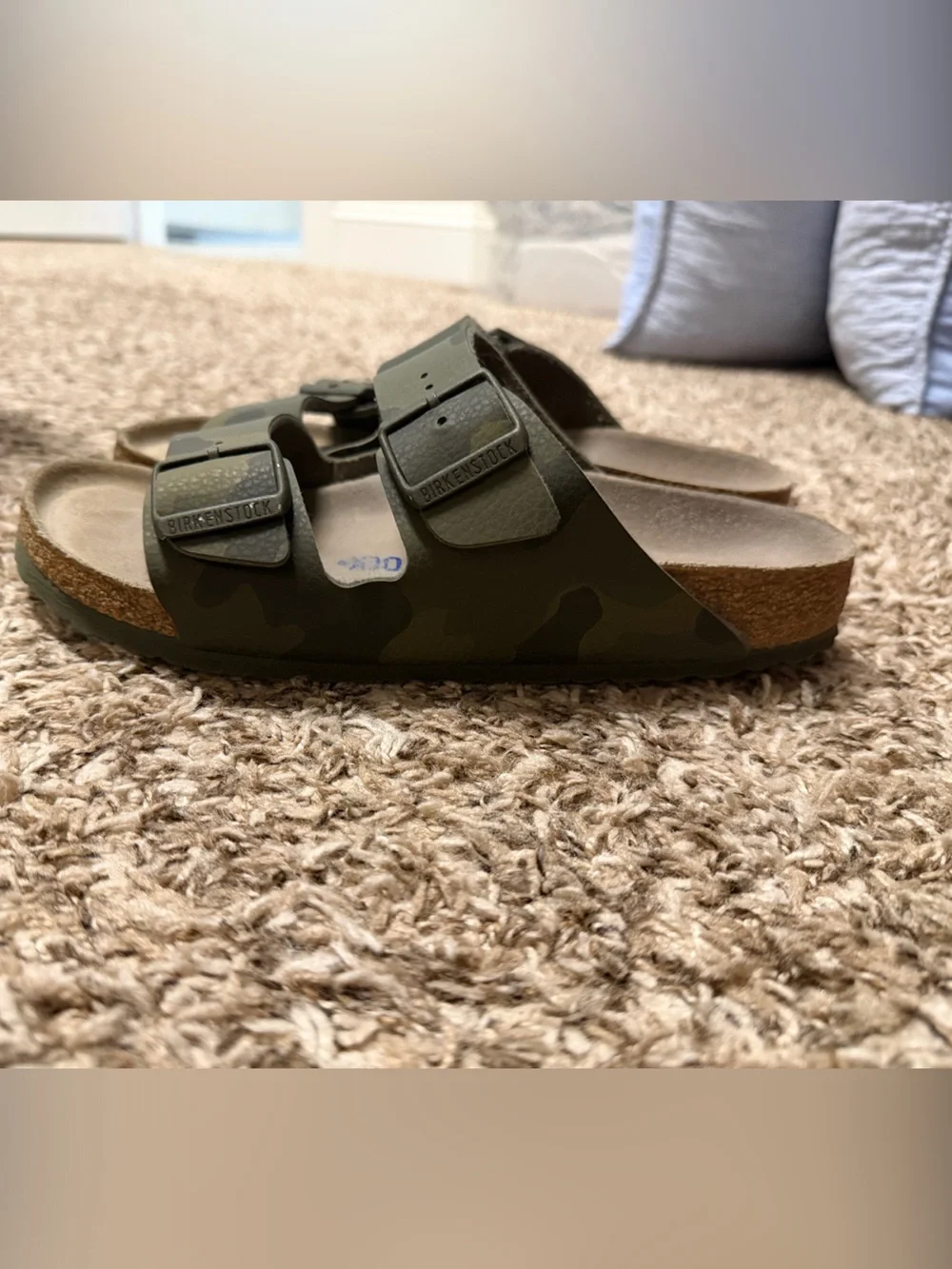 Birkenstock Women’s Two-Strap Camo Green Slide Sandals